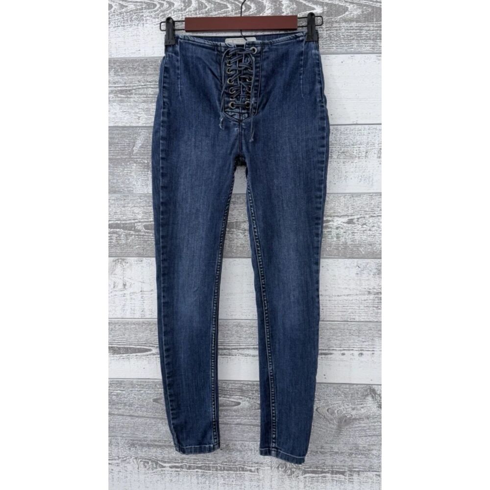 Free People Lace Up Front Blue Jeans Womens 24 Low Rise Dark Wash Boho Stretch